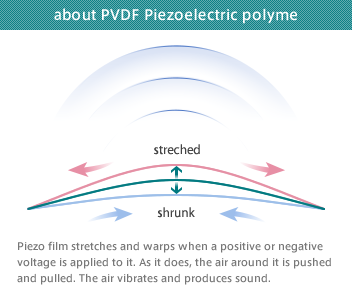 about PVDF Piezoelectric polyme : Piezo film stretches and warps when a positive or negative voltage is applied to it. As it does, the air around it is pushed and pulled. The air vibrates and produces sound.